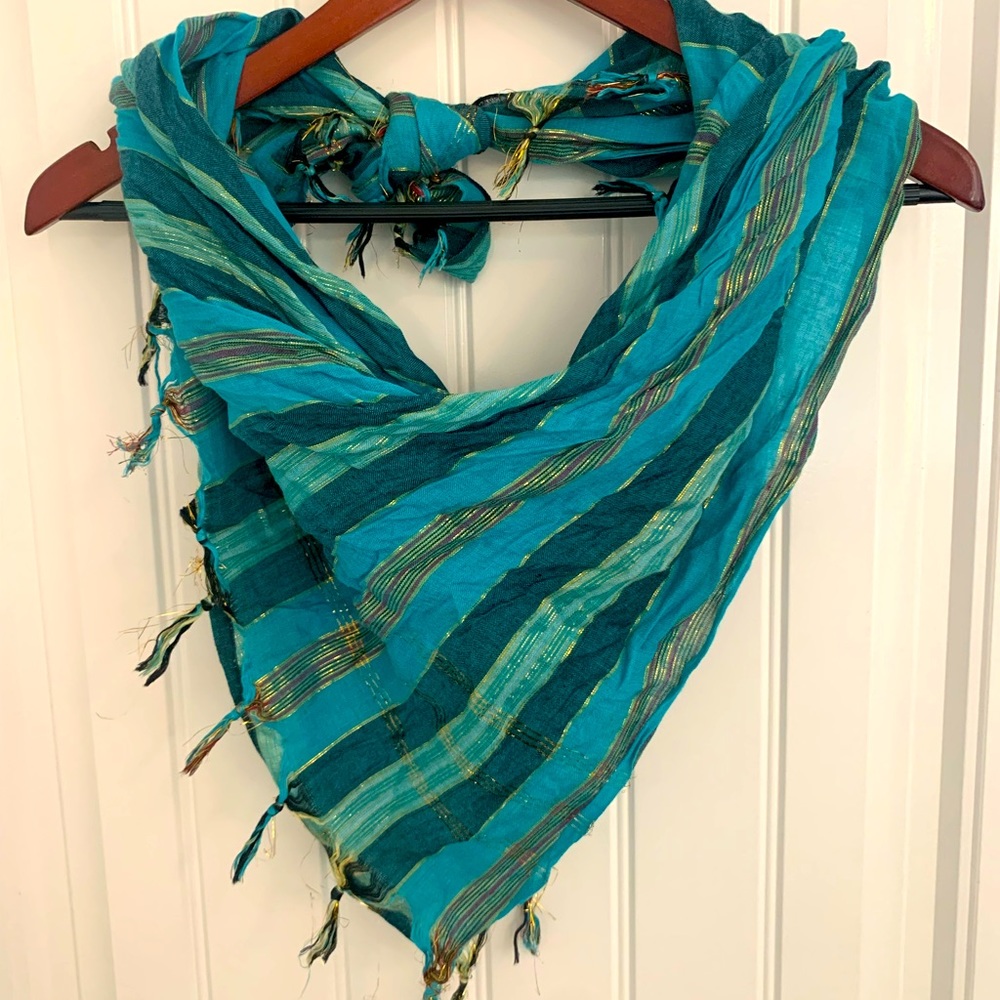 Cute Boho Turquoise & Metallic Striped Scarf- One Size - Picture 4 of 4